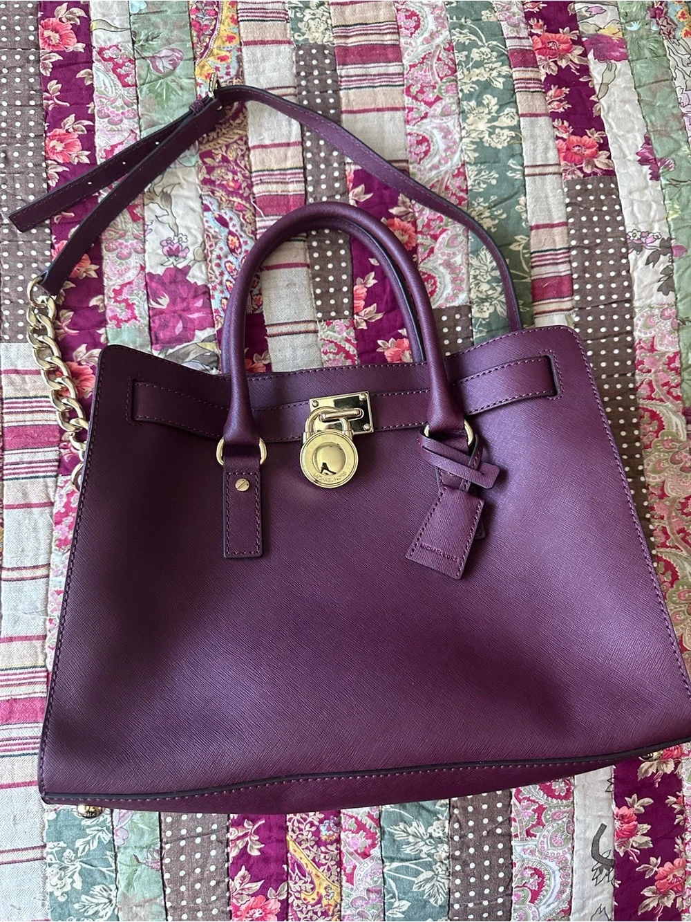 Michael Kors Hamilton Deep Merlot Leather Satchel Gold Hardware